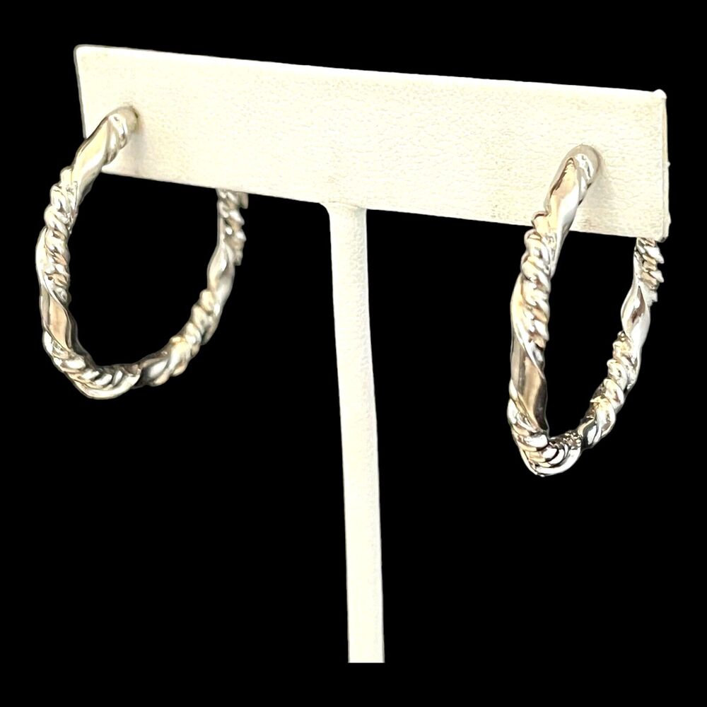 Vintage 1980s Silver Tone Hoop Earrings Twisted Design Original Unworn - 3H